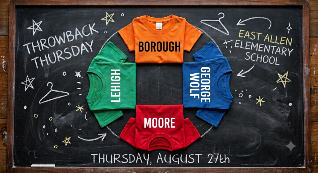 An image of red, green, orange and blue t-shirts arranged in a circle with the words Throwback Thursday, East Allen Elementary School and Thursday, August 27th on a chalkboard background