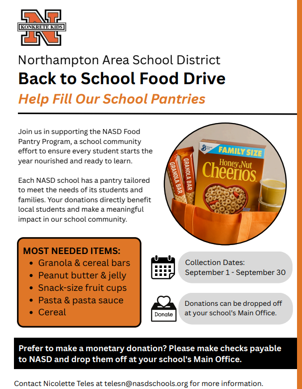 Food Pantry food drive. Drop off items to the main office until September 30th.