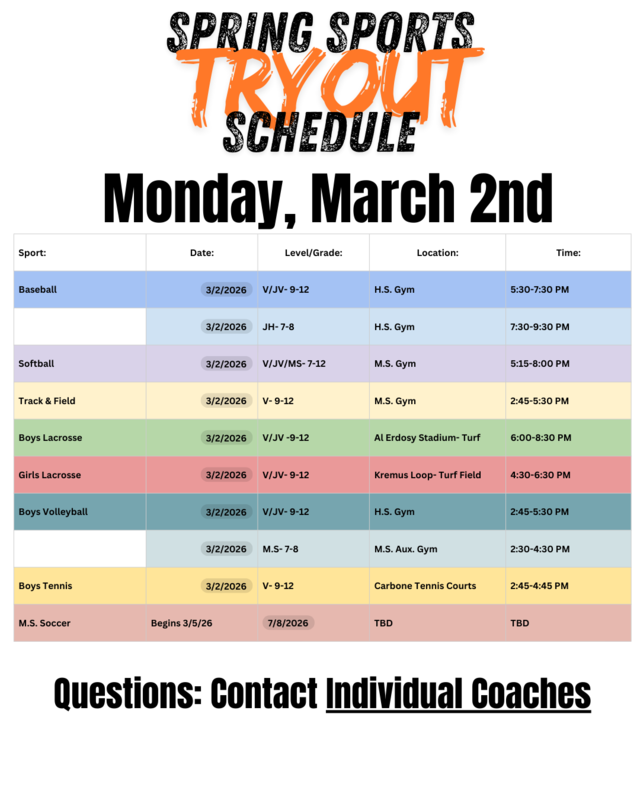 spring sports try-out schedule