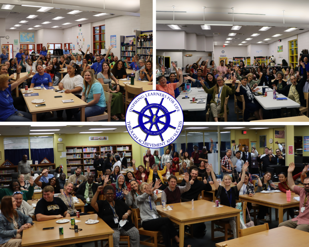 A collage of three photos shows a large group of teachers and school staff in a library. In all three photos, people are smiling, clapping, and raising their hands. The Northampton County Public Schools logo is in the center of the collage. The images seem to celebrate a positive achievement or success.