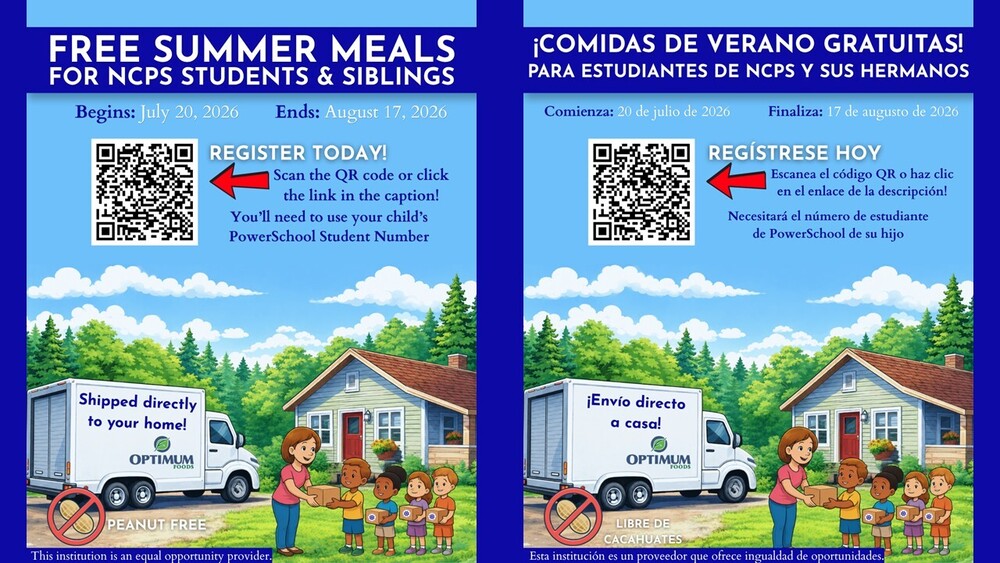 graphic flyer collage of english and spanish versions. Has the QR code to sign up