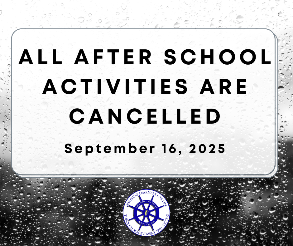 Rainy background with textbox overlay that reads: All after school activities are cancelled on September 16, 2025