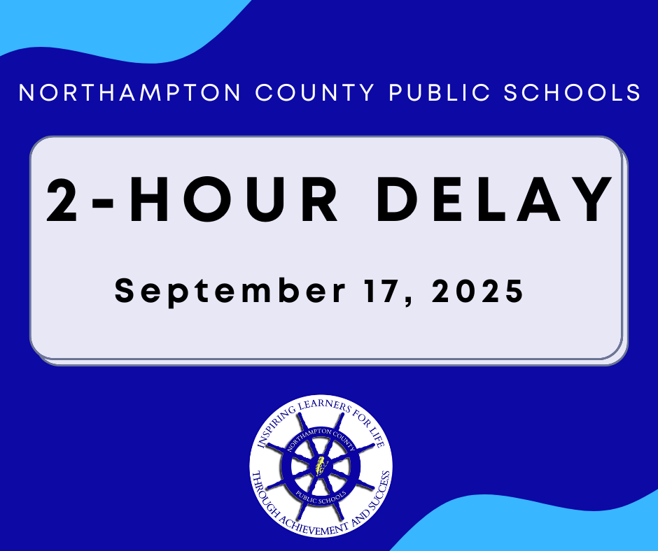 Royal blue background with a grey rectangle in the center. Text written in the square that reads: 2-hour delay september 17, 2025