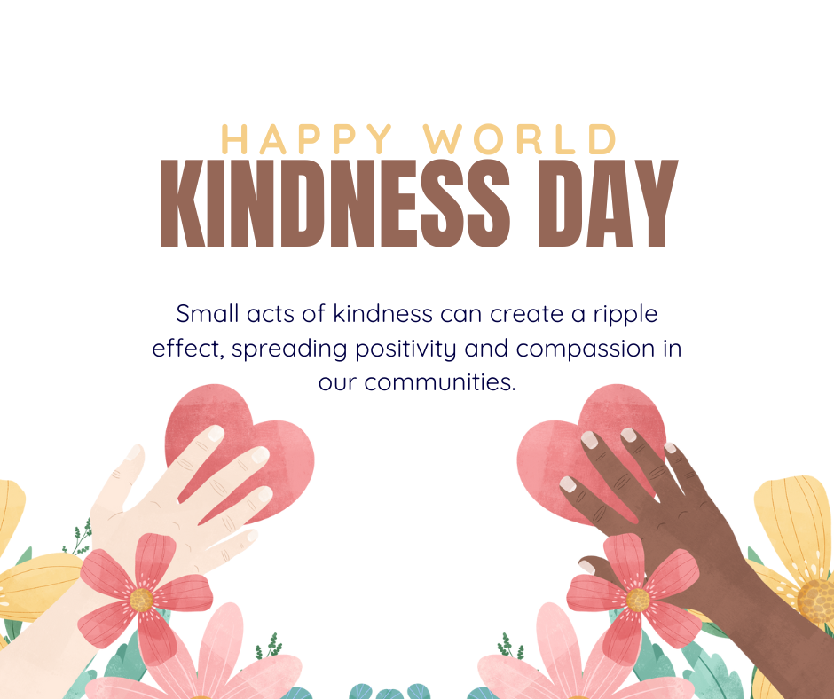 white background with flowers at the bottom. Text reads: Happy world Kindness day