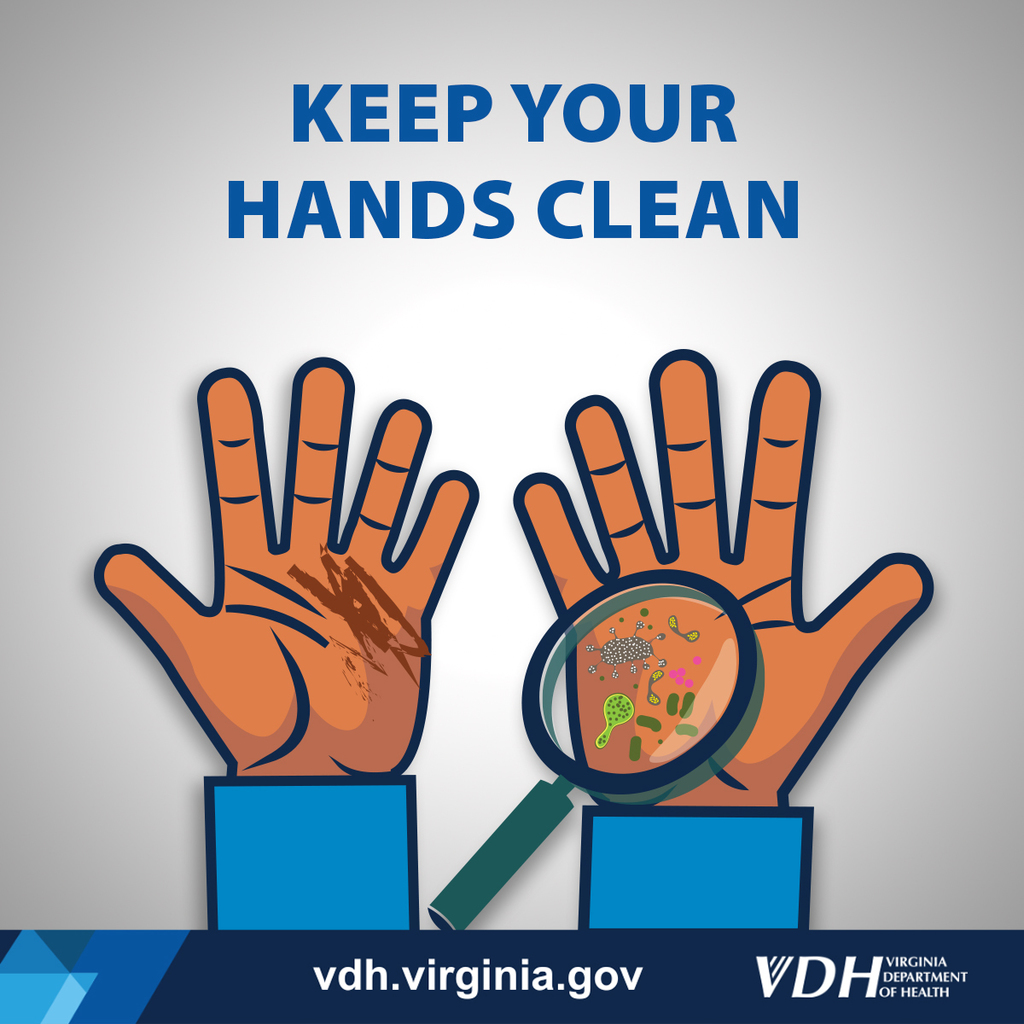 An educational graphic titled "KEEP YOUR HANDS CLEAN" from the Virginia Department of Health. The central image features two brown-skinned cartoon hands:  The left hand has a brown smudge of dirt on the palm.  The right hand appears clean to the naked eye, but a magnifying glass held over the palm reveals various colorful, microscopic cartoon germs and bacteria.  The footer includes the website vdh.virginia.gov and the Virginia Department of Health (VDH) logo.