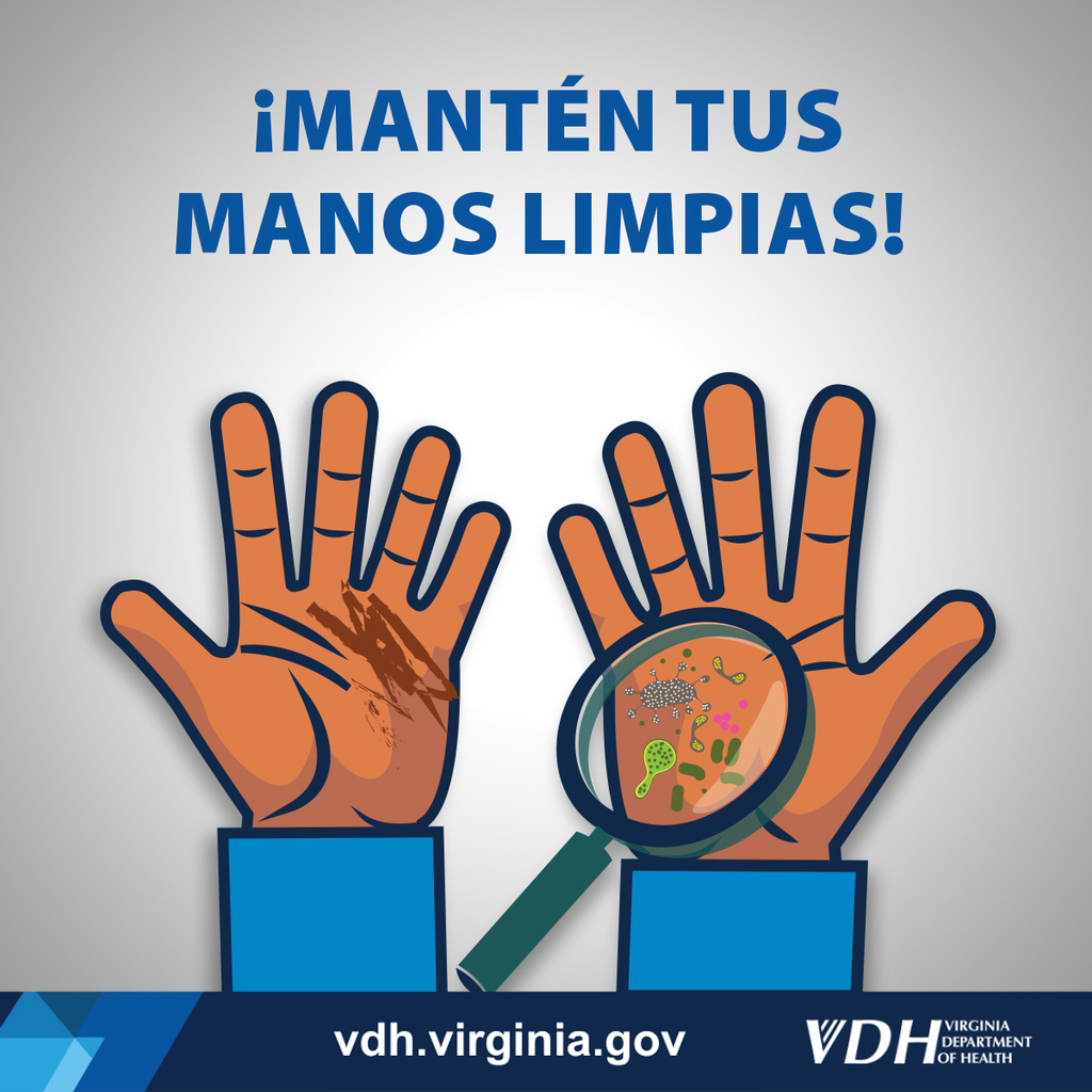 Un gráfico educativo titulado "MANTENGA SUS MANOS LIMPIAS" del Departamento de Salud de Virginia. La imagen central presenta dos manos de dibujos animados de piel morena:  La mano izquierda tiene una mancha marrón de suciedad en la palma.  La mano derecha parece limpia a simple vista, pero una lupa sostenida sobre la palma revela varios gérmenes y bacterias de dibujos animados microscópicos y coloridos.  El pie de página incluye el sitio web vdh.virginia.gov y el logotipo del Departamento de Salud de Virginia (VDH).