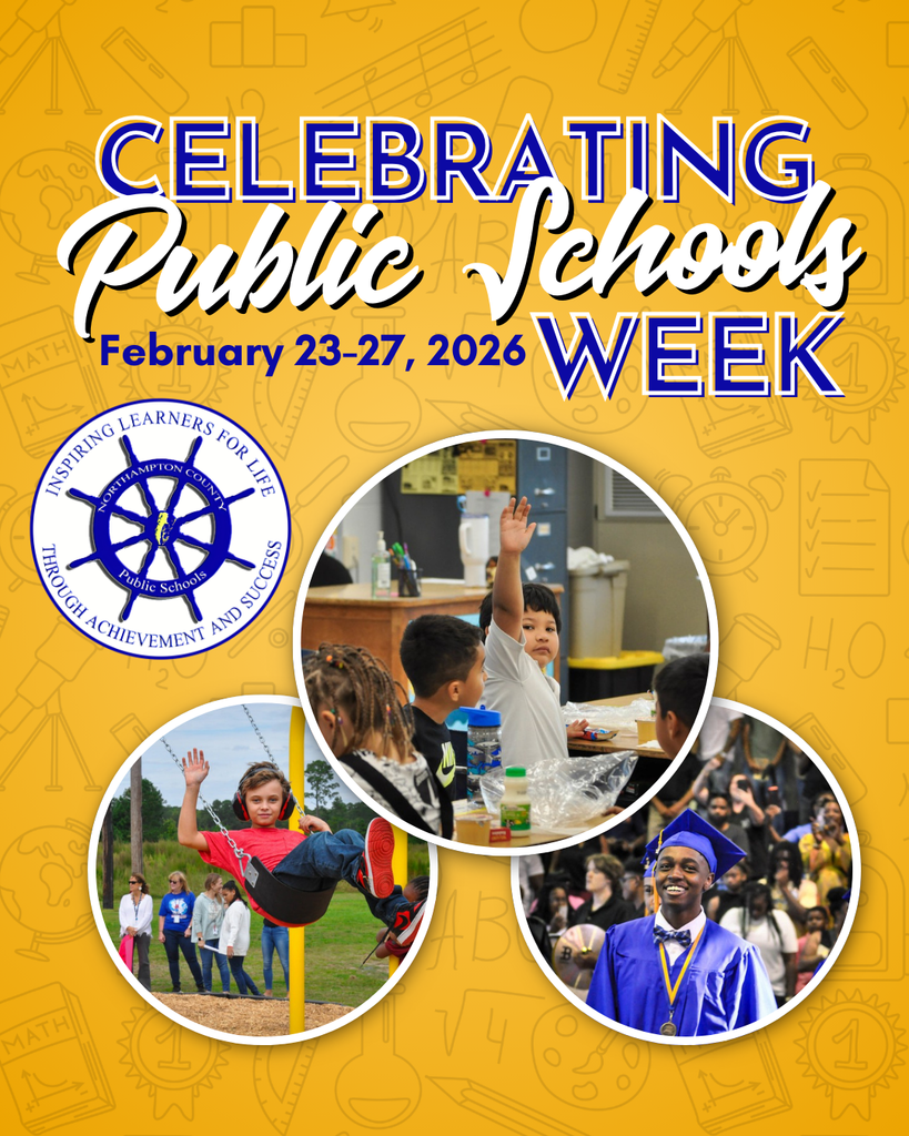 yellow background with 3 circle images of students. Graphic text reads: Celebrating public Schools week!" with division logo