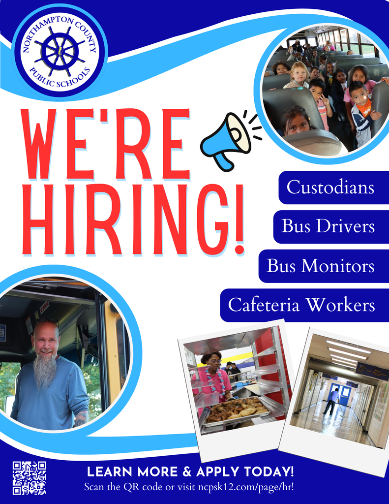 we're hiring custodians, bus drivers, bus monitors and cafeteria workers. apply at ncpsk12.com/page/hr