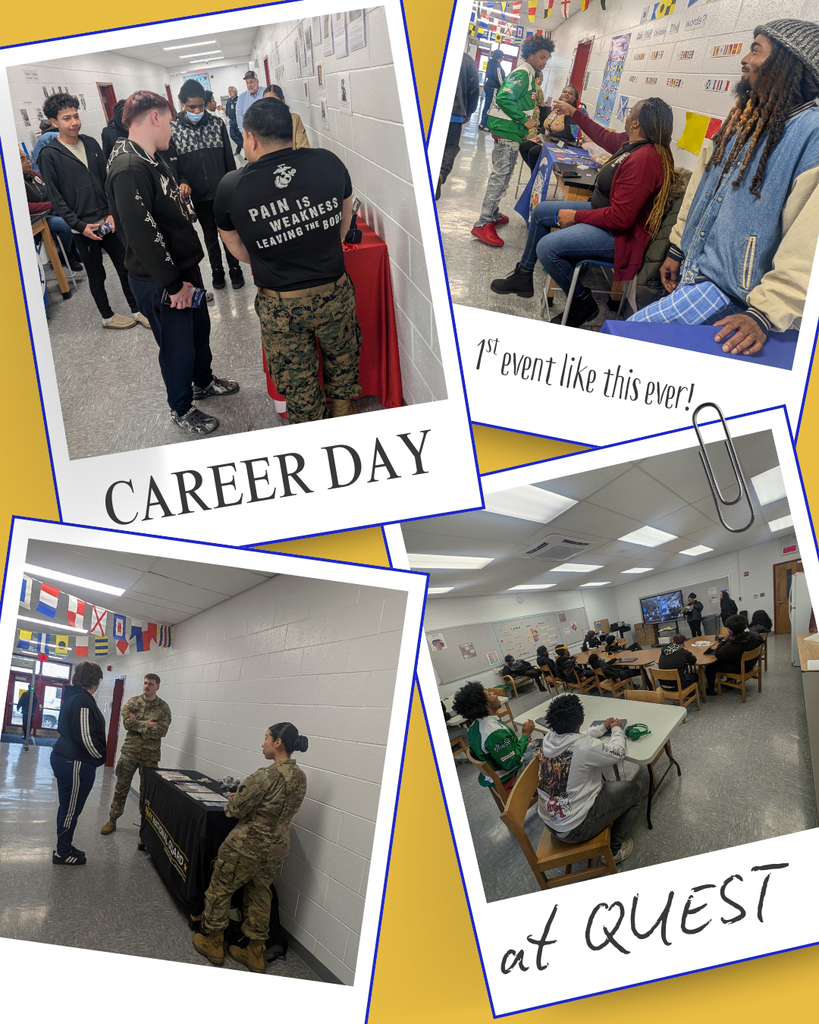 polaroid style image collage with 4 pictures of students talking with local businesses and recruiters for a career day. this was the first event like this ever for our students at QUEST