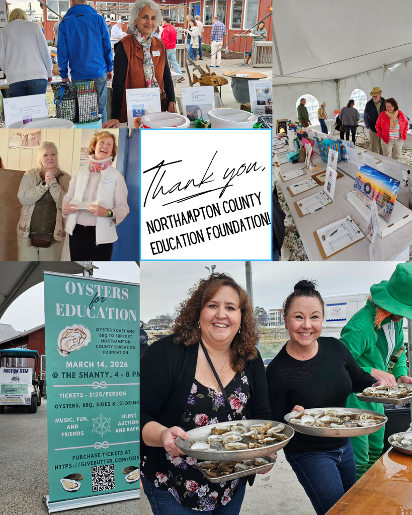 photo collage of people attending the fundraiser, Oysters for Education with graphic text in the center saying "Thank you, Northampton County Education Foundation!"