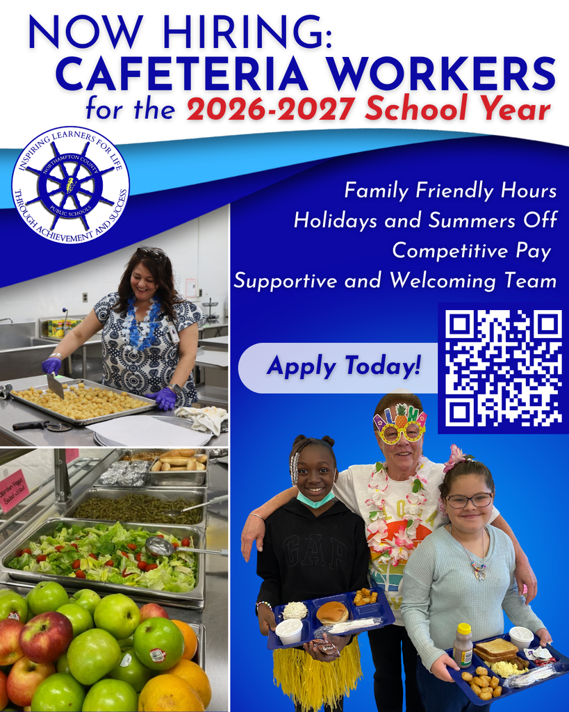 cafeteria worker job ad with a collage of a cafe manager gathering tater tots, healthy food options, and a food service worker posing with sutdents during a themed day. Text reads: Now hiring cafeteria workers for the 2026-2027 school year. Family friendly hours, holidays and summers off, competitive pay, supportive and welcoming team
