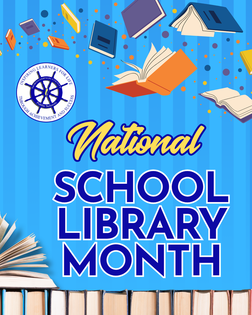 school ibrary month graphic with books falling from the top of the graphic. 