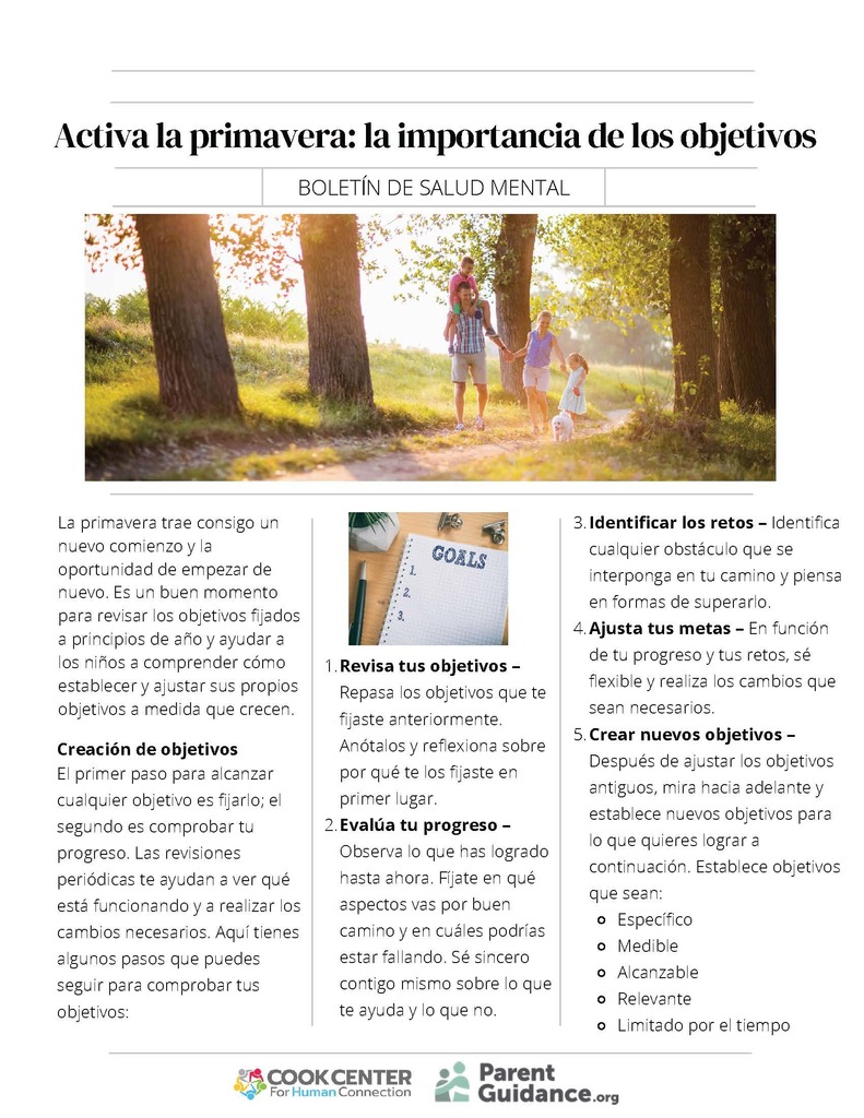 ParentGuidance April Newsletter, Page 1. Spring into Action: Importance of Goals - Spanish