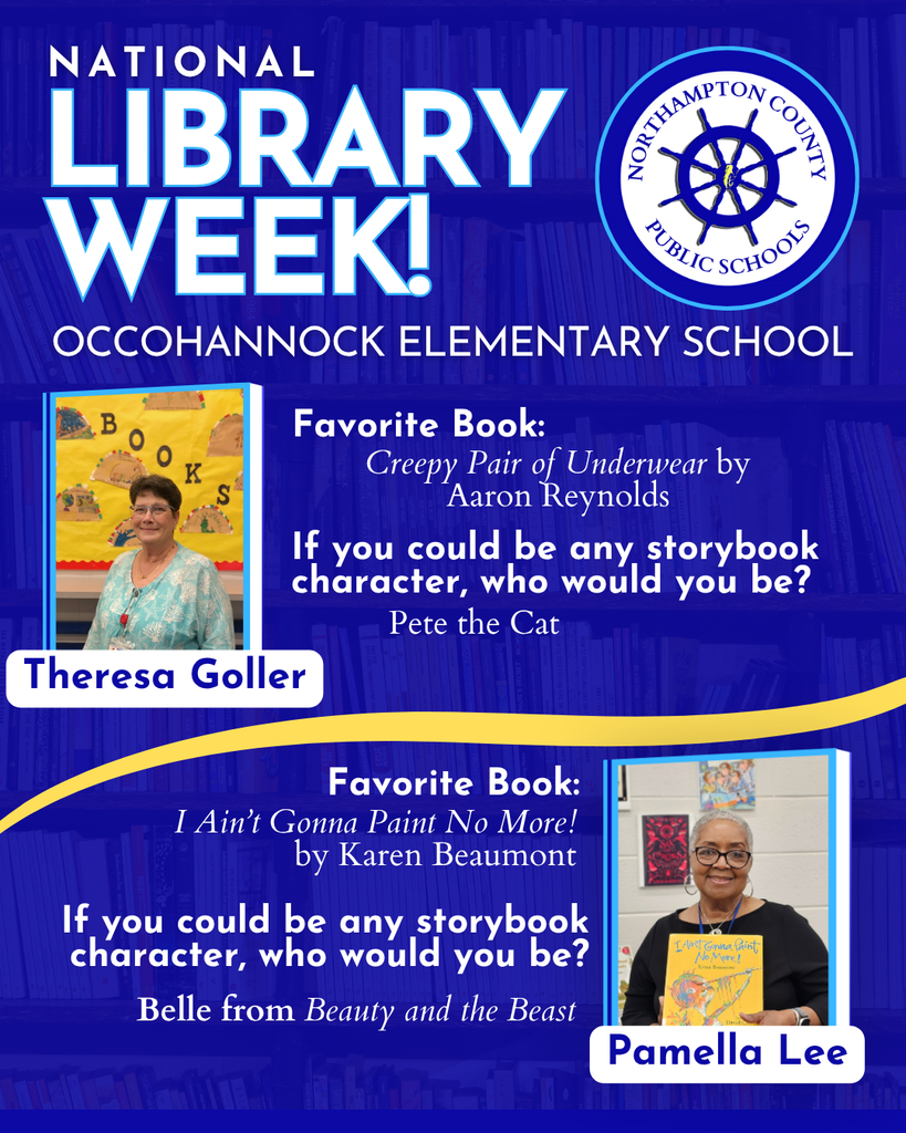 a graphic celebrating our librarians with their picture, and mentions of their favorite book and storybook character