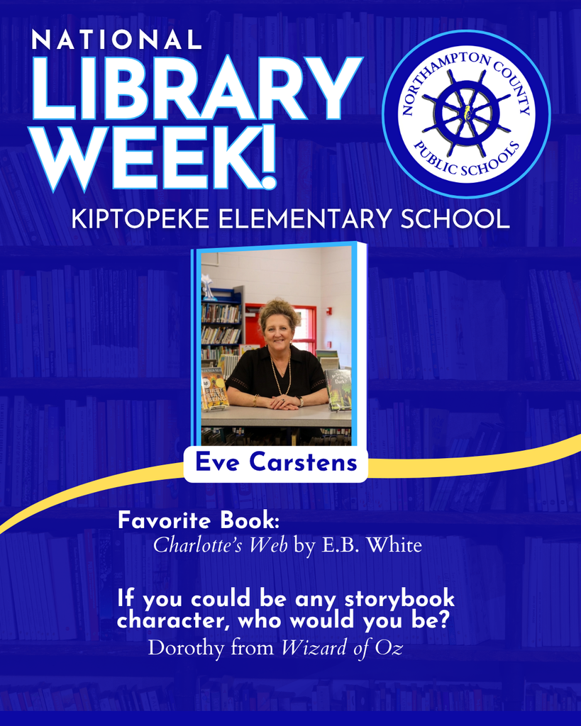 a graphic celebrating our librarians with their picture, and mentions of their favorite book and storybook character