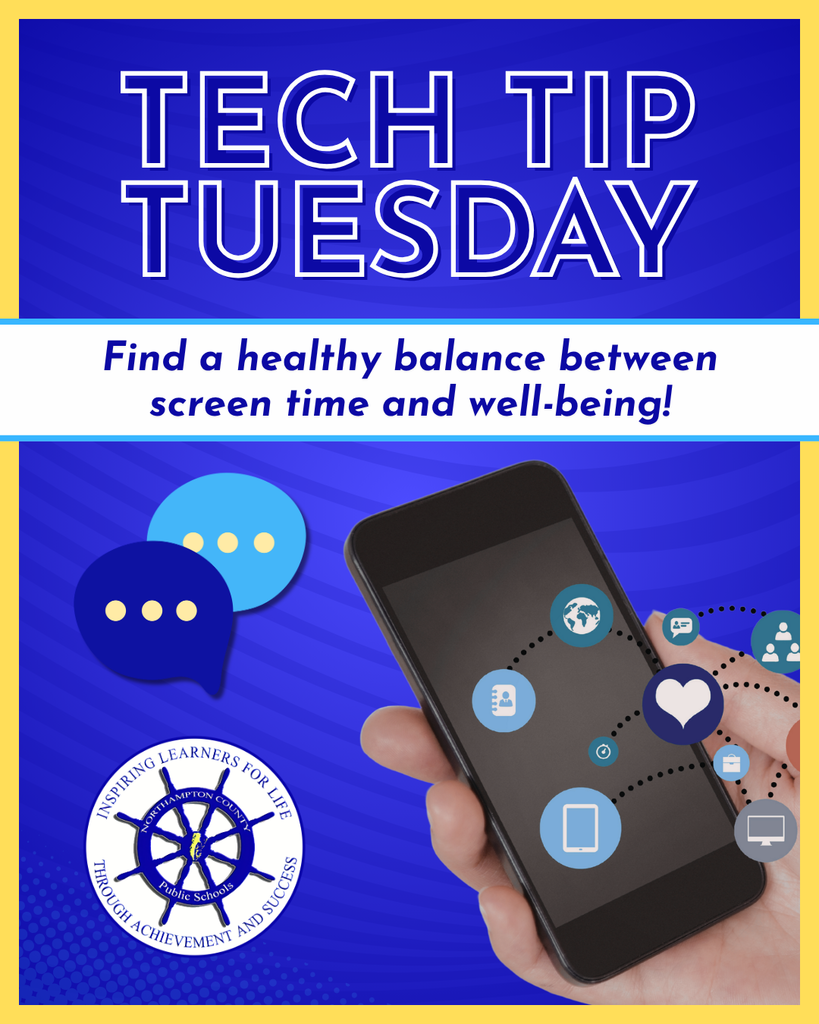 Tech Tip Tuesday graphic with a blank phone with emojis coming out of it.  Text reads: Find a healthy balance between screen time and wellbeing! 