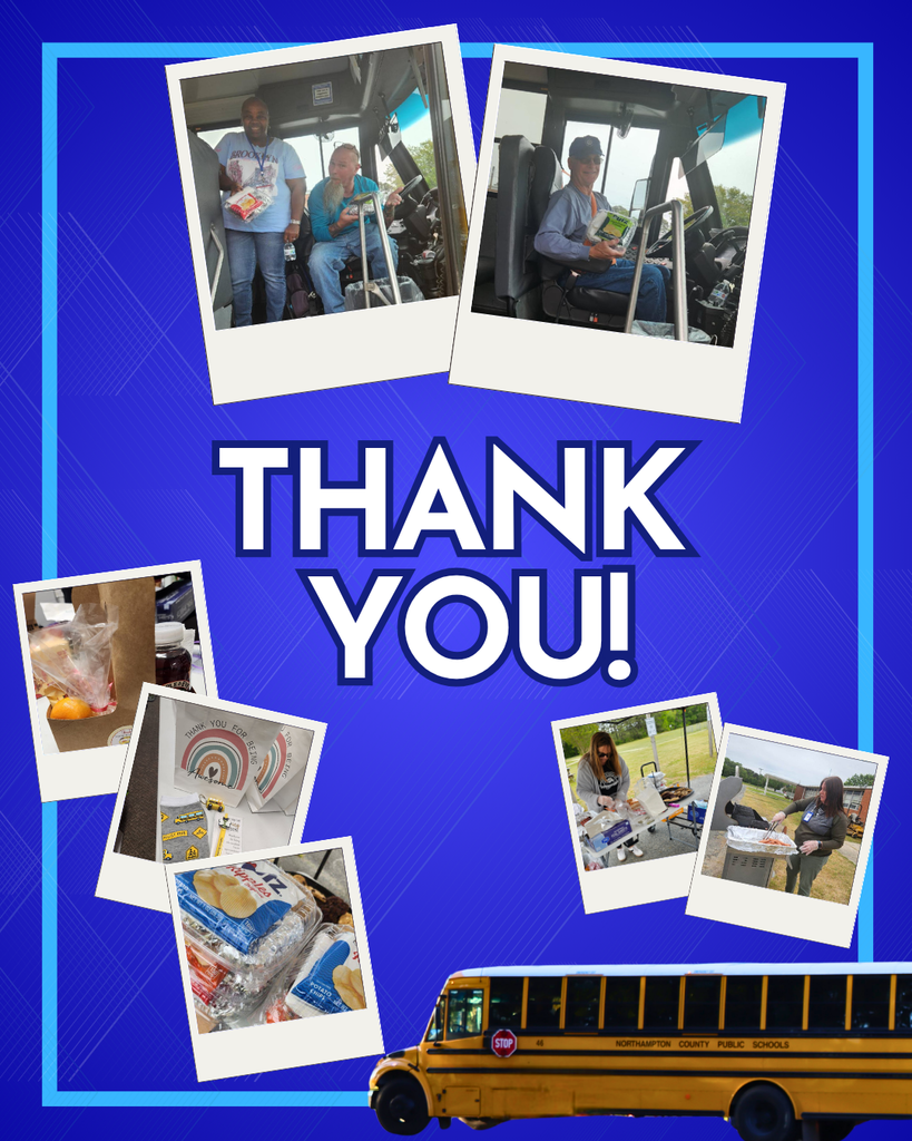 blue graphic with text in the middle that says "thank you!" with polaroid pictures of bus drivers and the goodies they got.