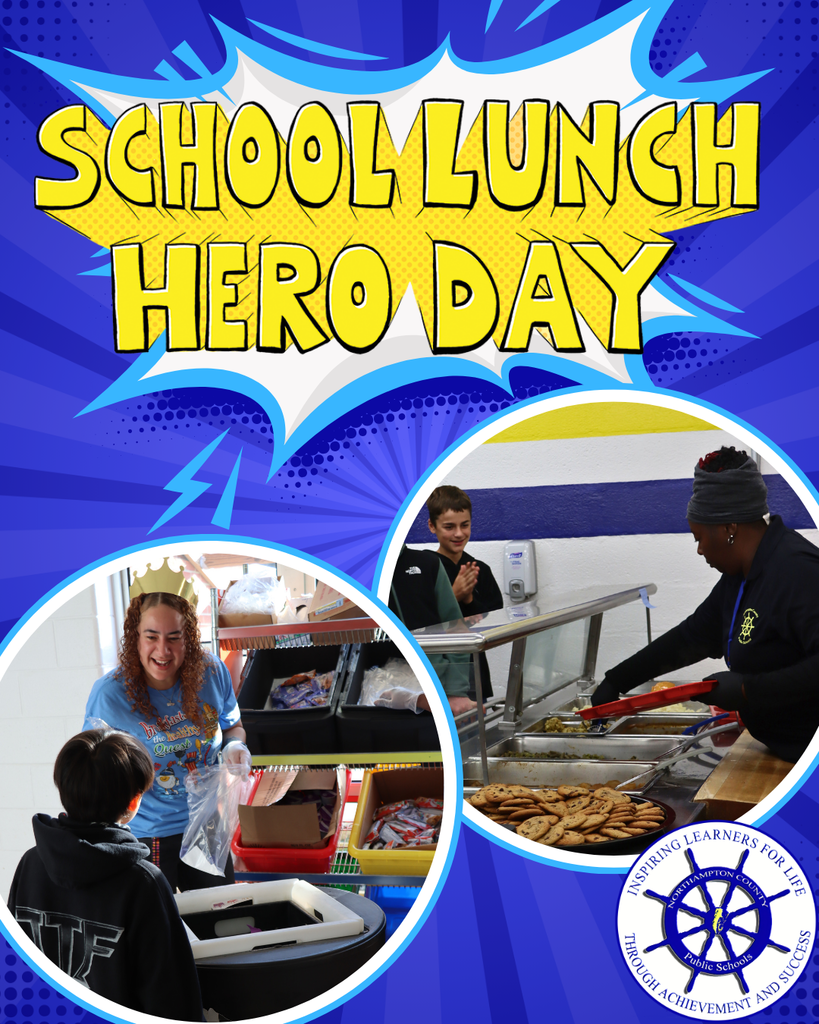 superhero style graphic for School Lunch Hero Day featuring two photos of cafeteria staff