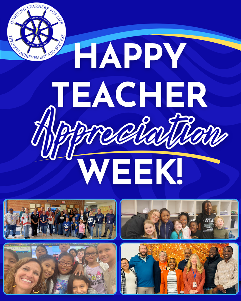 happy teacher appreciation  week grapjic with a blue wavy background and a collage of teachers with their students