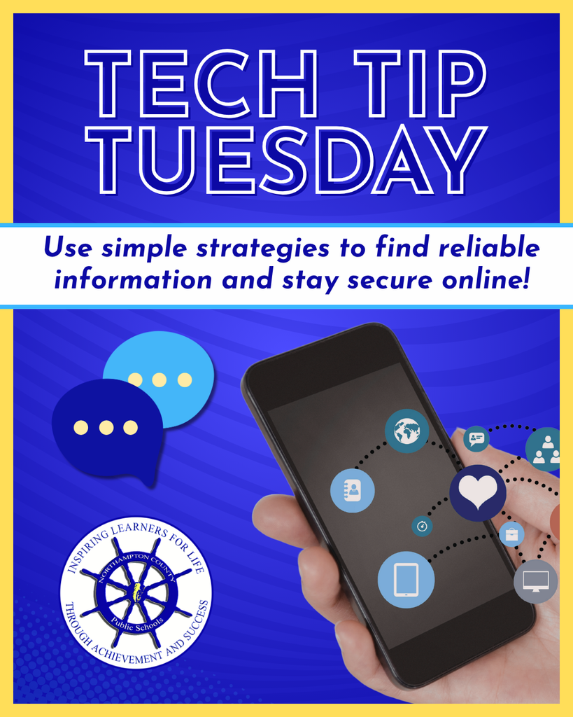 Tech Tip Tuesday graphic with a blank phone with emojis coming out of it.  Text reads: Use simple strategies to find reliable information and stay secure online!