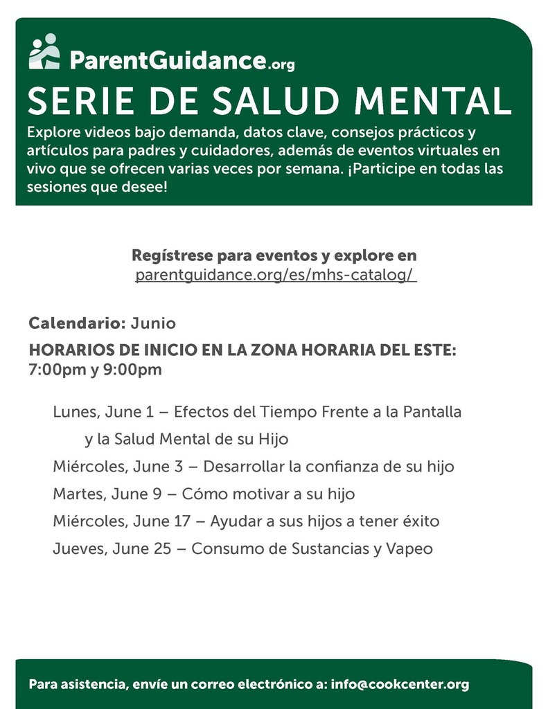 Parent Guidance June Webinar Schedule - Spanish