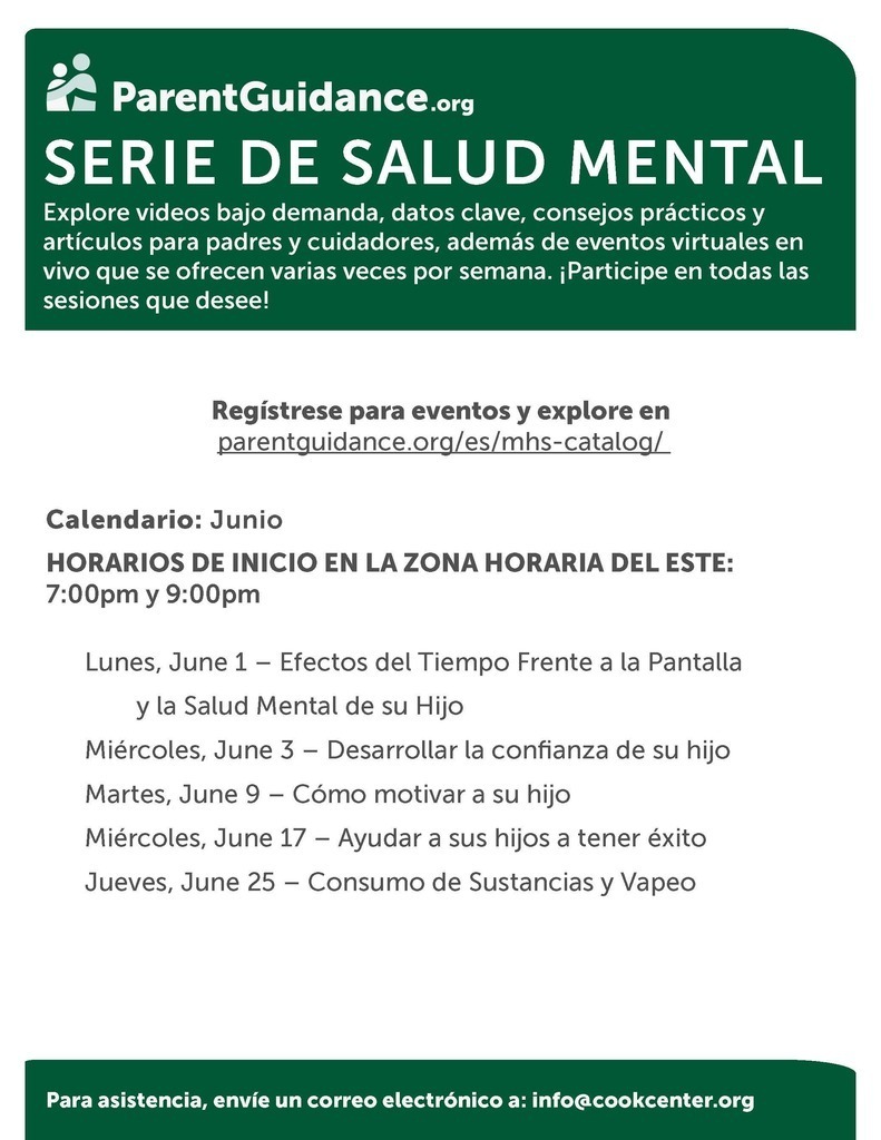 Parent Guidance June Webinar Schedule - Spanish