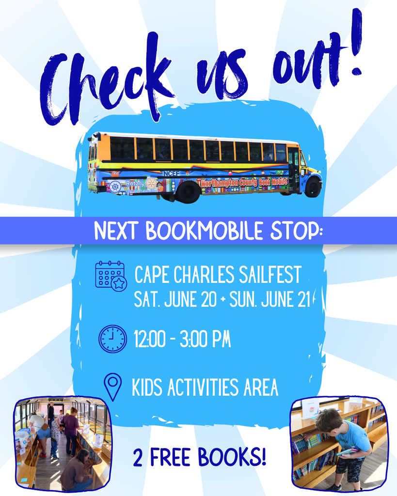 bookmobile stop infographic. June 20-21 at Cape Charles SailFest, 12-3 p.m.