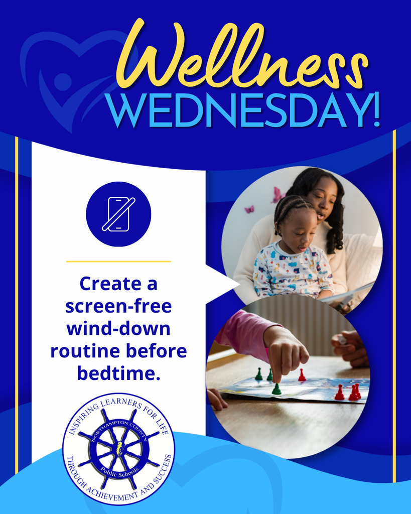 wellness wednesday graphic with a mom and son reading and two people playing a game. Textbreads: Create a screen-free wind-down routine before bedtime.