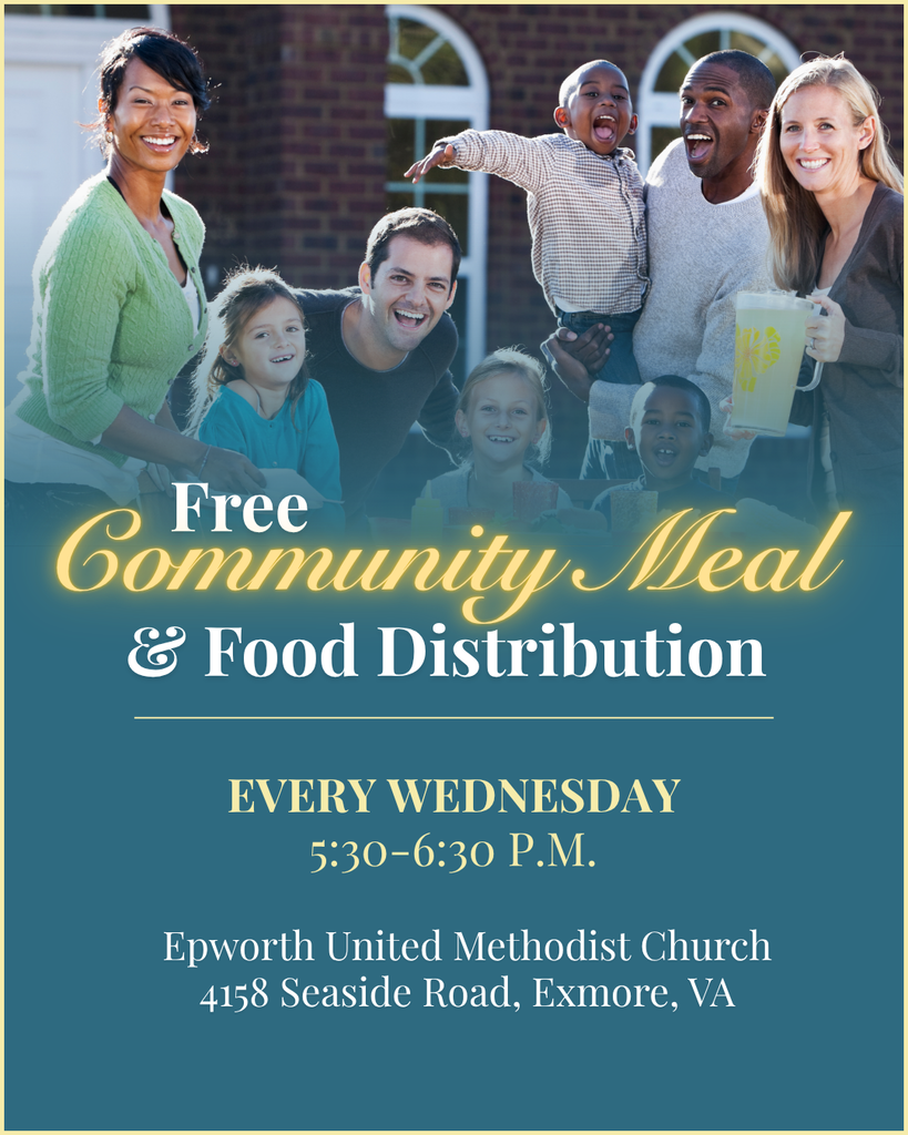 free community meal and food distribution flyer for Epworth United Methodist Church in Exmore. Happens every Wednesday, 5:30-6:30 pm