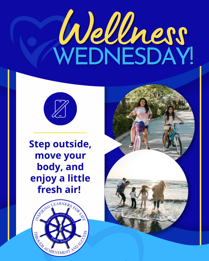 wellness wednesday graphic with kids riding their bikes and a family jumping in the water at the beach,. Text reads: step outside, move your body, and enjoy a little fresh air!