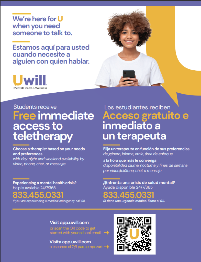 bilingual Uwill informational flyer. Visit app.uwill.com or if in crisis, call 833.455.0331