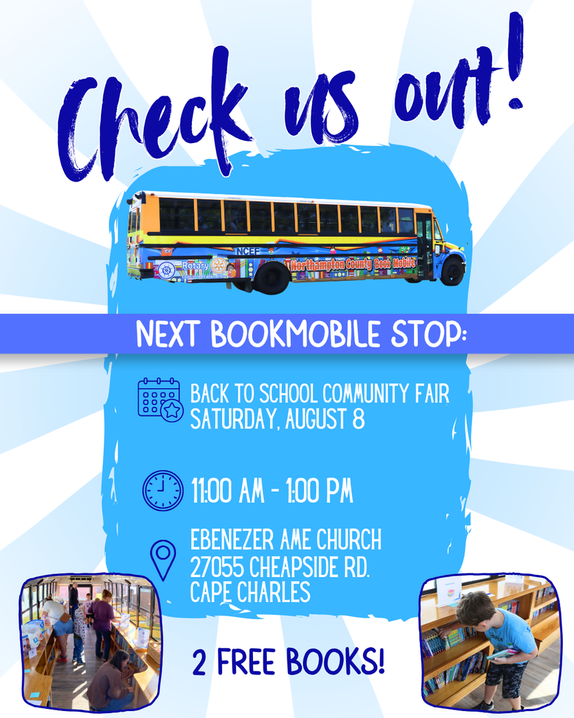 bookmobile stop infographic. August 8, 11 a.m. to 1 p.m., Ebenezer AME Church Cape Charles