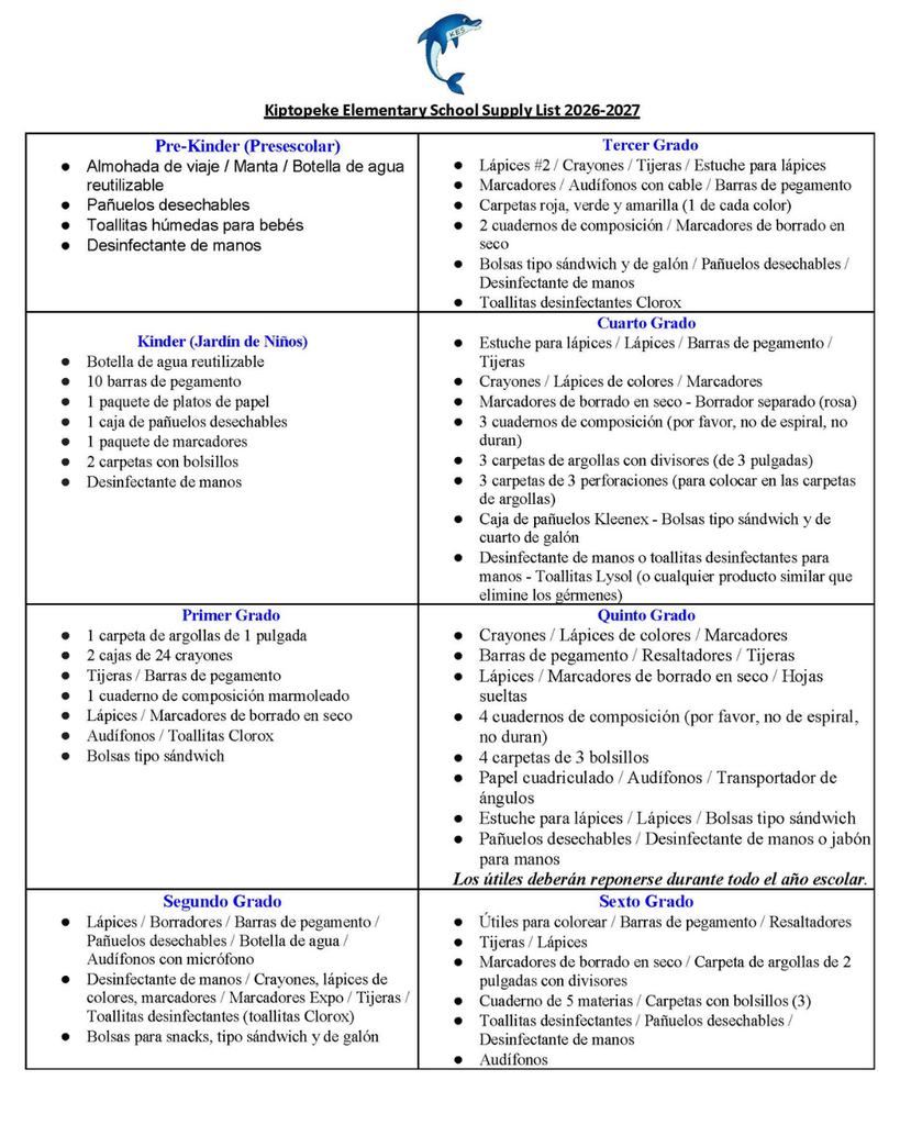 26/27 School Supply List: KES-Spanish