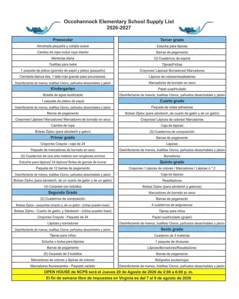 26/27 School Supply List: OES-Spanish