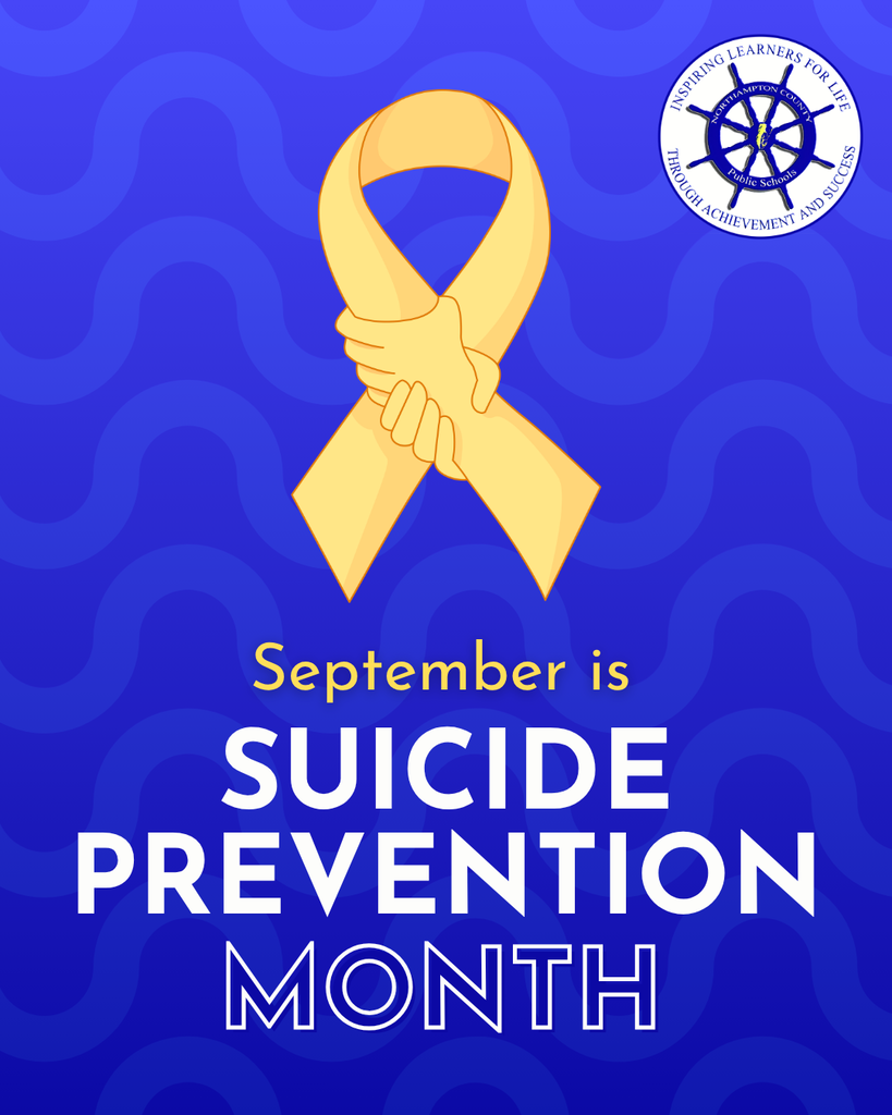 september is suicide prevention month graphic. Blue back ground, medium tan ribbon of hands holding togther