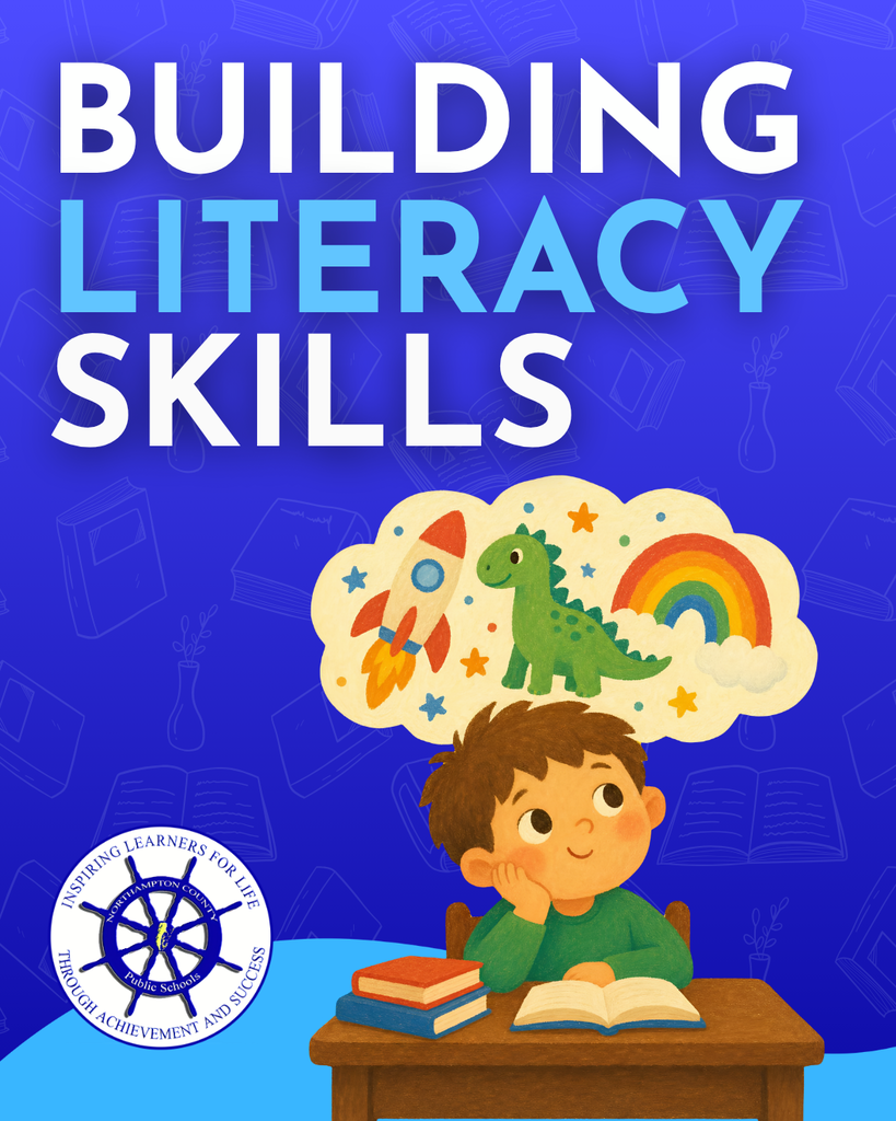 building literacy skills graphic with a cartoon boy dreaming about rockets, dinosaurs and rainbows