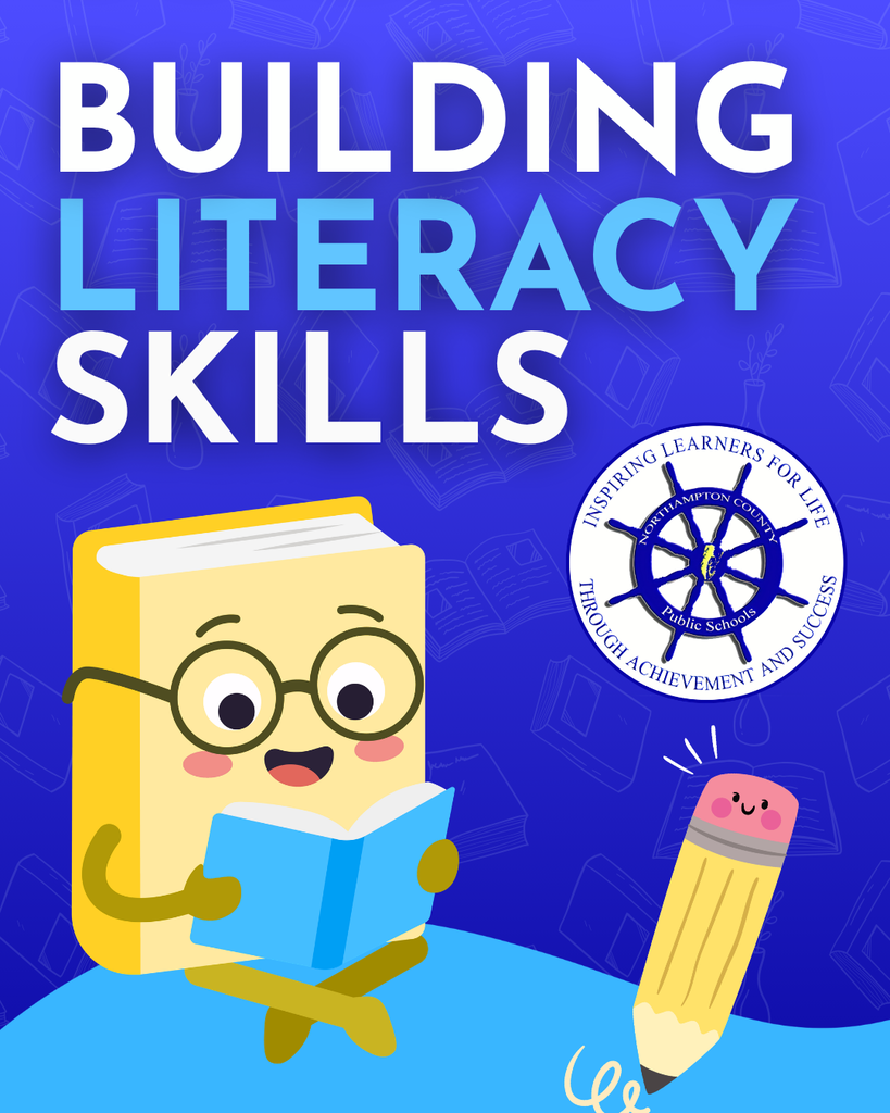 building literacy skills graphic with a cartoon book reading a book