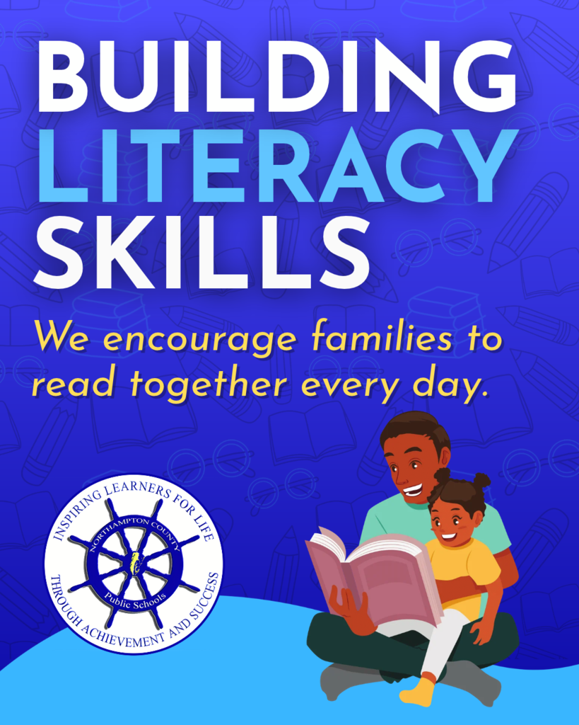 building literacy skills graphic with a cartoon parent and child reading together