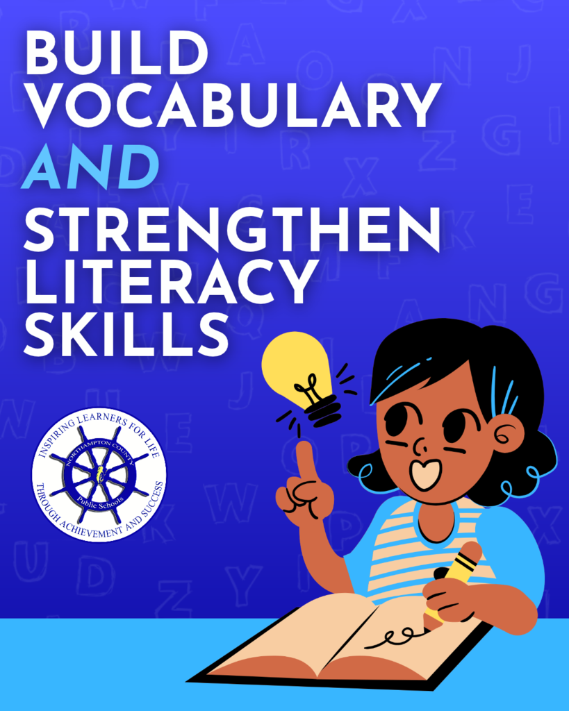 building literacy skills graphic with a cartoon girl writing and coming up with an idea