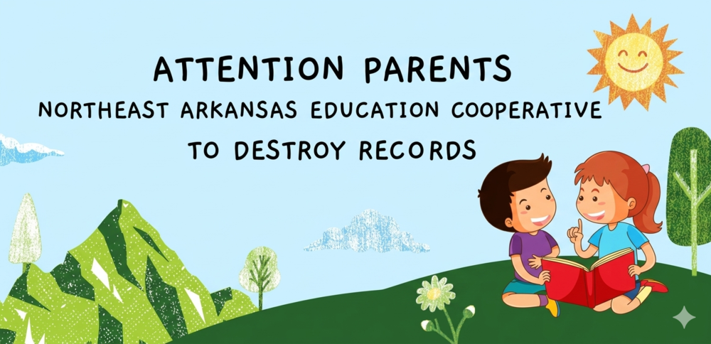 Cartoon of two children reading a book outside.  Text stating : Attention Parents.  Northeast Arkansas Education Cooperative  to Destroy Records.