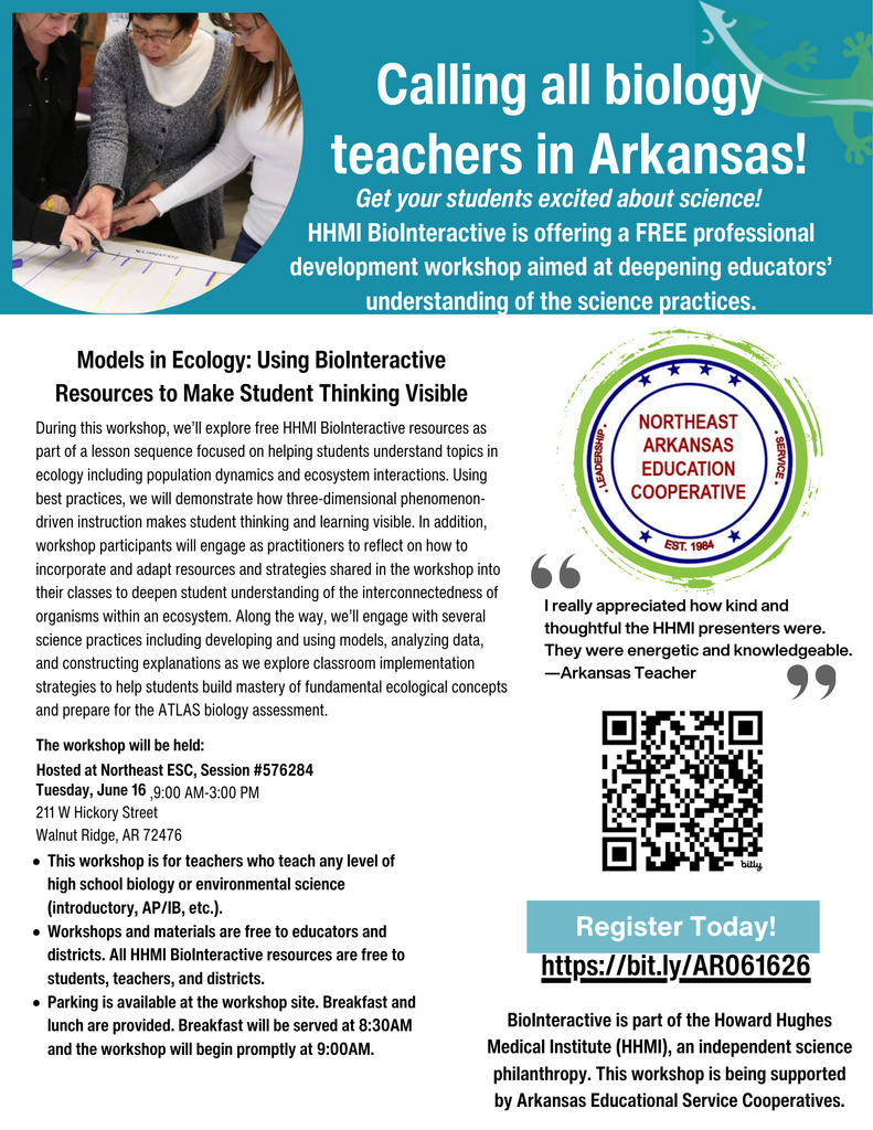 HHMI BioInteractive gecko logo in top right. Three teachers creating a graph on chart paper in top left. Northeast AR Education Cooperative logo center right. QR code lower center right.