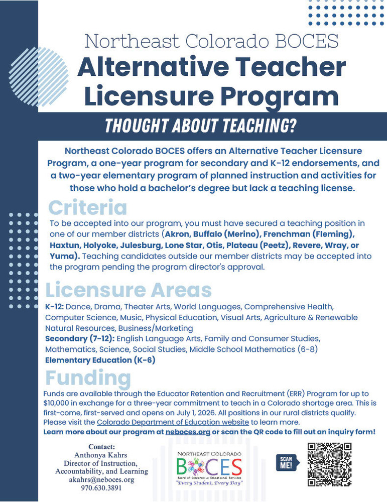 NE BOCES Alternative Teacher Licensure Program Flyer with QR inquiry scan