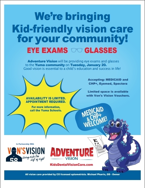 Flyer for kid friendly glasses , Yuma vision exams available. More information call Yuma School.