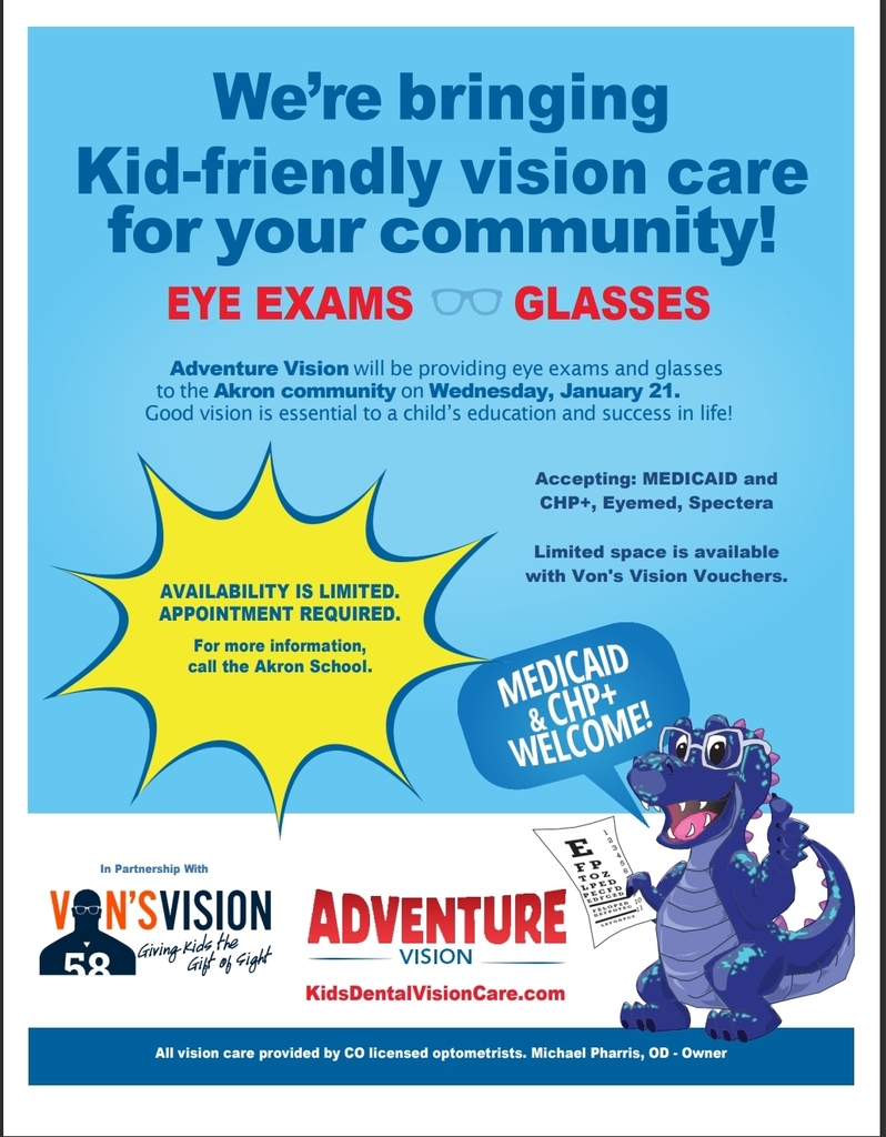 Flyer for kid friendly glasses , Akron vision exams available. More information call Akron School.