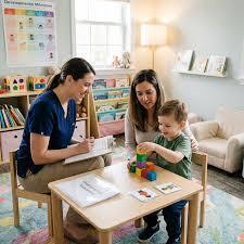 an evaluator sits at a child size table with a parent while the student stacks blocks