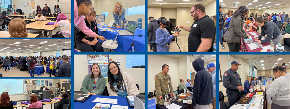 Collage of the Career and College Fair including group pictures of vendors and students talking