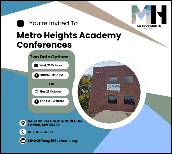 Flyer of the conference date, time, address, and the school's contact information.