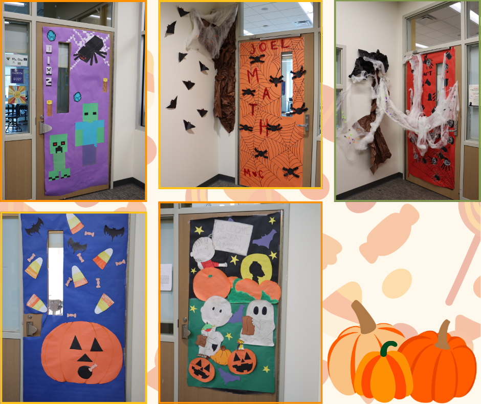 Collage of doors decorated in spooky and fun themes.