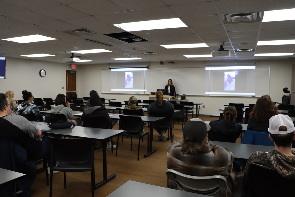 A group of people watching a presentation.