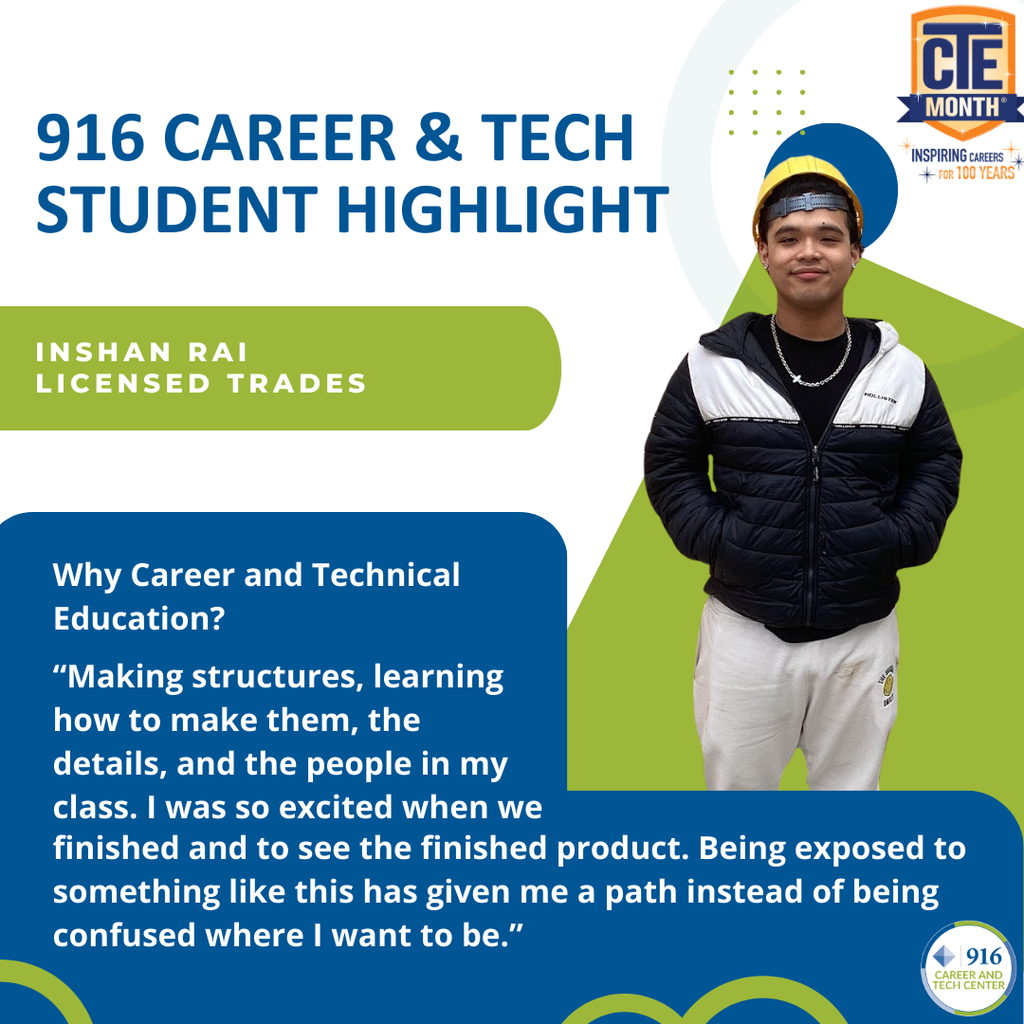 Square image of highlighting a 916 Career & Tech Student with a quote from the student. 